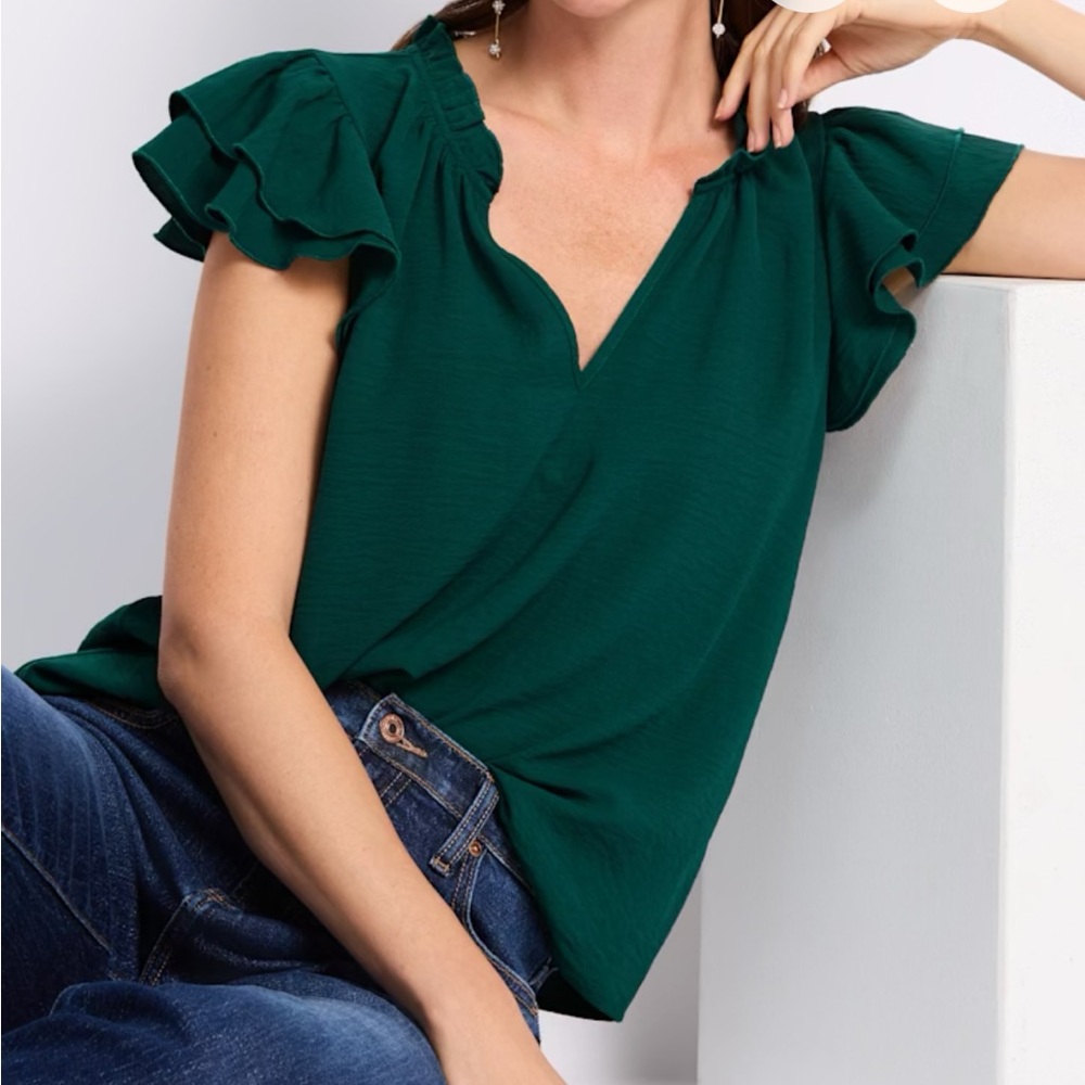 Nine Britton Dark Green Ruffled V-Neck Blouse